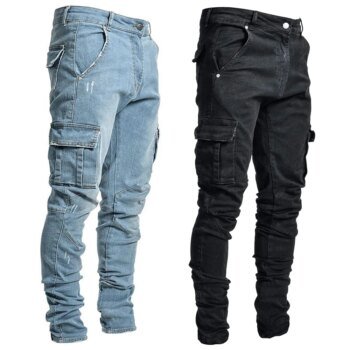 Street Elastic Jeans Men Denim Cargo Pants