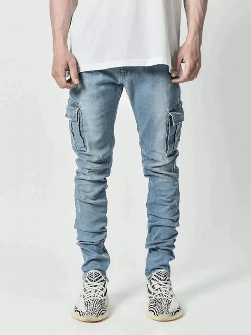 Street Elastic Jeans Men Denim Cargo Pants