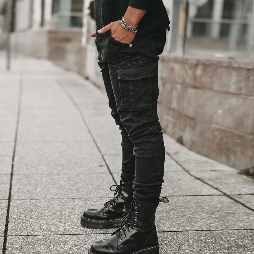 Street Elastic Jeans Men Denim Cargo Pants