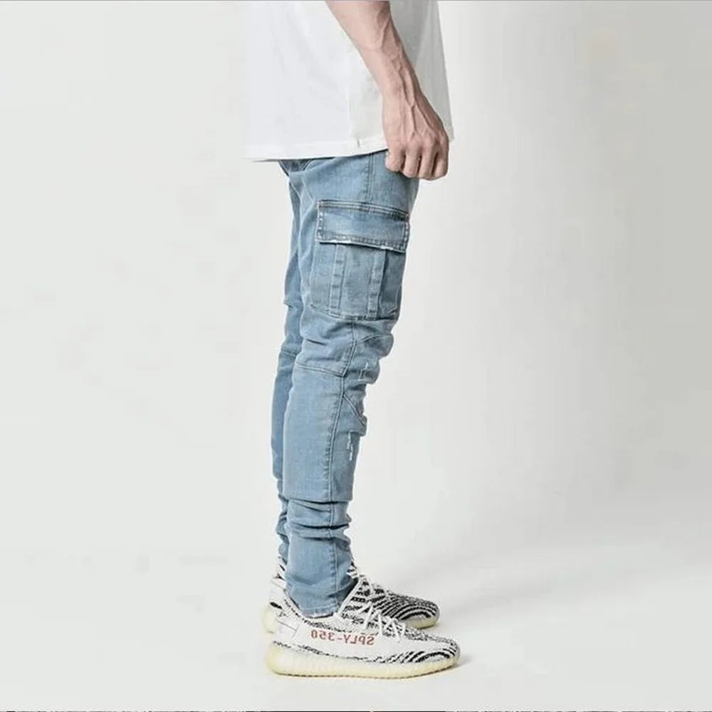 Street Elastic Jeans Men Denim Cargo Pants
