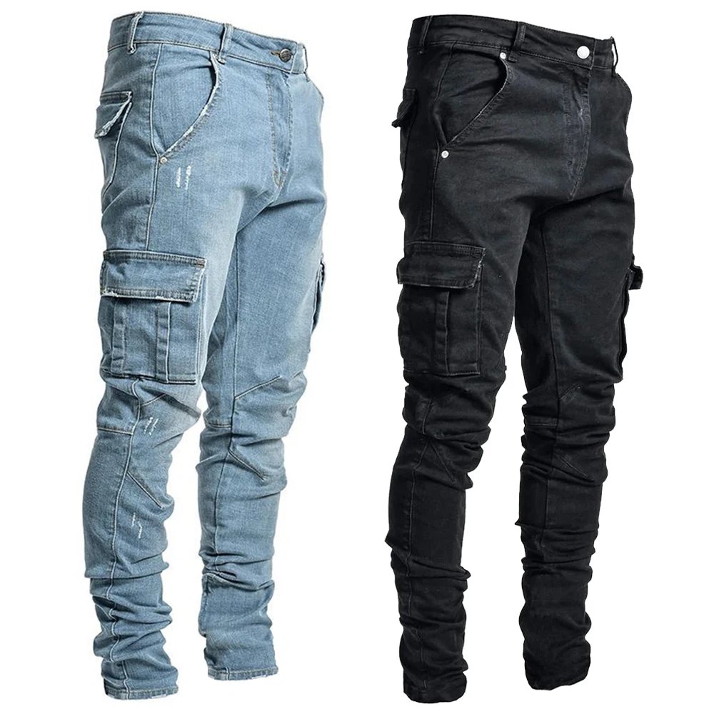 Street Elastic Jeans Men Denim Cargo Pants