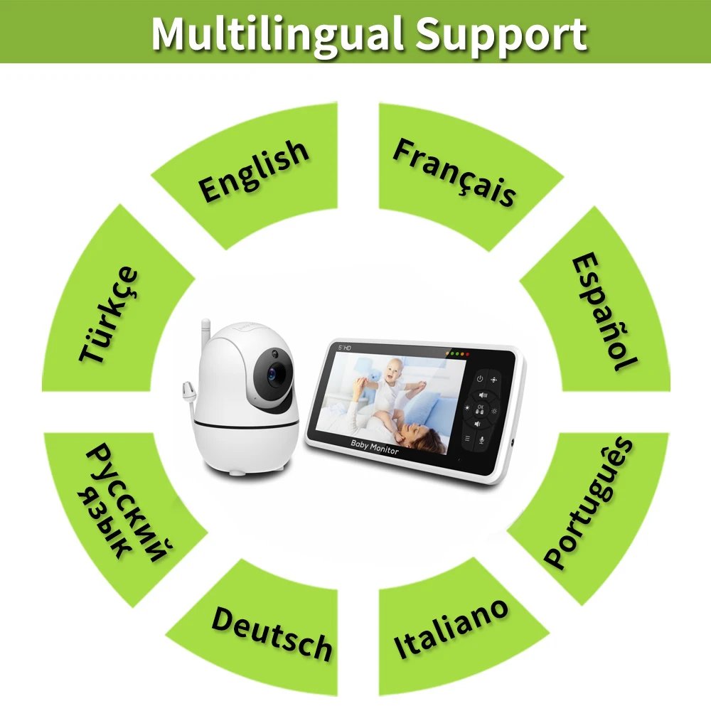 New 5 inch Video Baby Monitor with Camera and Audio, 4X Zoom, 22Hrs Battery, 1000ft Range 2-Way Audio Temperature Sensor Lullaby New 5 inch Video Baby Monitor with Camera and Audio, 4X Zoom, 22Hrs Battery, 1000ft Range 2-Way Audio Temperature Sensor Lullaby